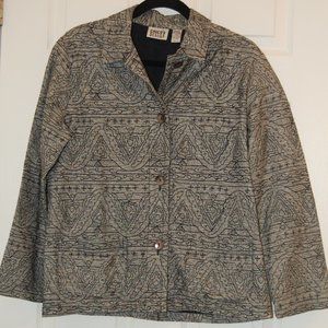 CHICOS DESIGN 100%  Silk Black/Grey Patterned Jacket   Size 1